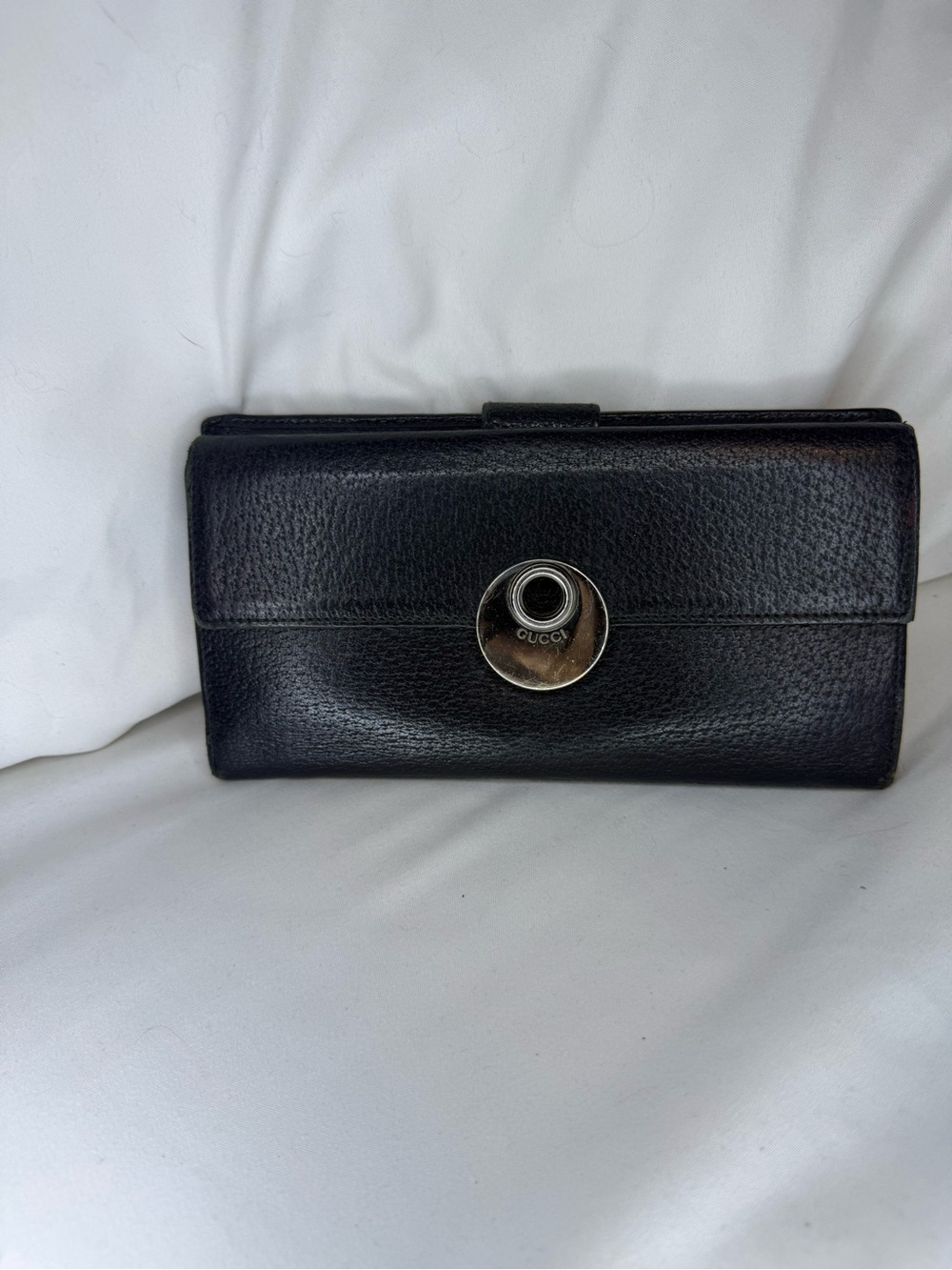 Gucci Black Leather Clutch Wallet with Silver-Tone Logo